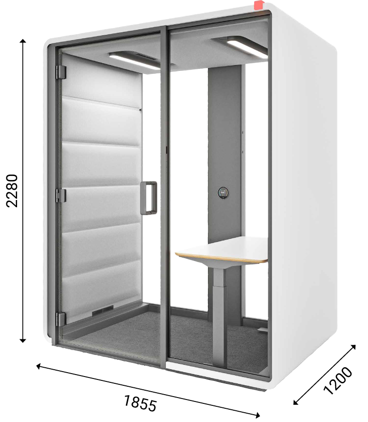 Hushfree Work acoustic pod with visible dimensions, showing the interior with a desk and chair.