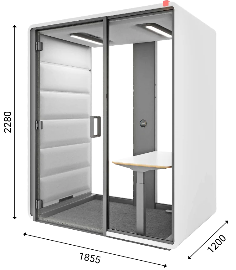 Hushfree Work acoustic pod with visible dimensions, showing the interior with a desk and chair.